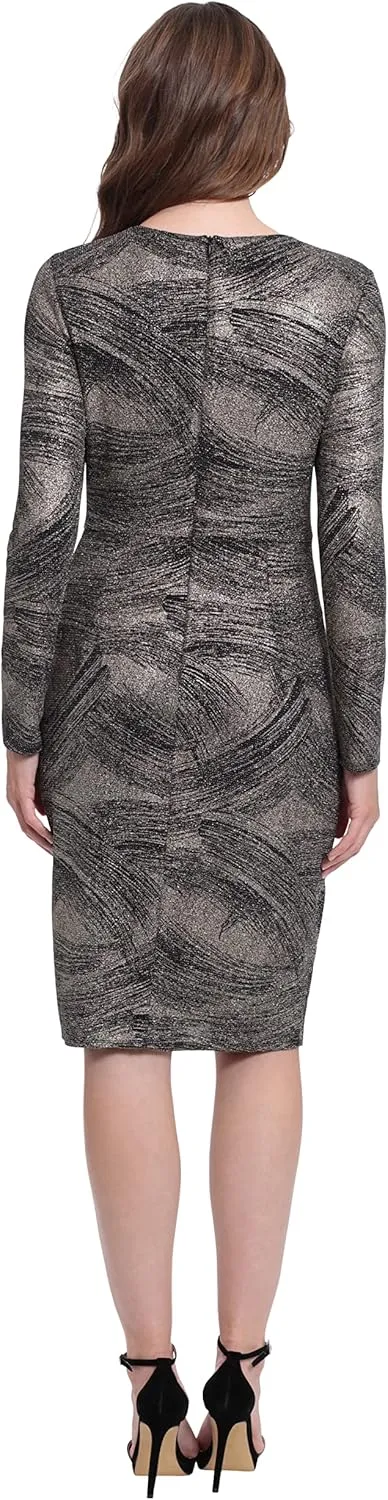 London Times Women's Plus Size Long Sleeve Surplus Bodice Dress with Draping Detail