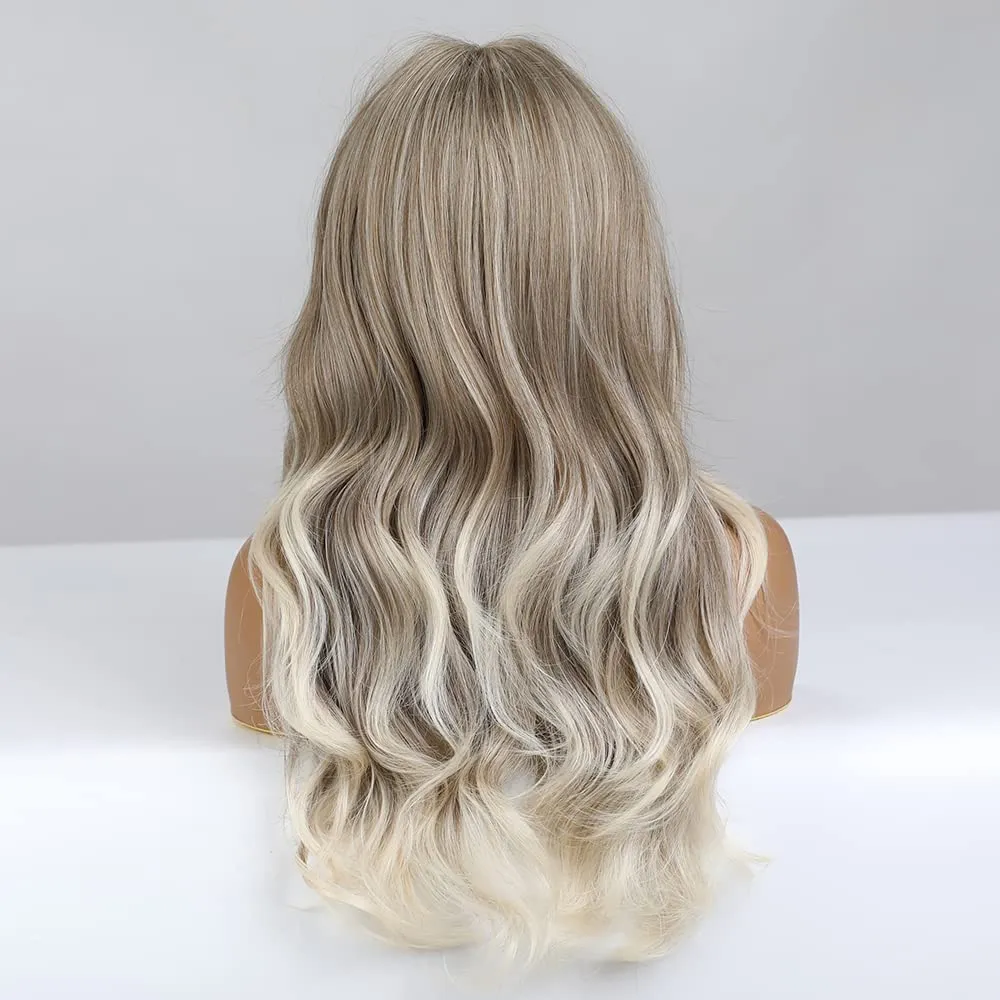 Long Ombre Brown Blonde Wigs Ash Blodne Wig for Women Long Curly Wavy Mixed Blonde Wig With Bangs Silky Full Heat Resistant Synthetic Wigs with wig Cap (Blonde Mix Brown)