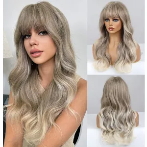 Long Ombre Brown Blonde Wigs Ash Blodne Wig for Women Long Curly Wavy Mixed Blonde Wig With Bangs Silky Full Heat Resistant Synthetic Wigs with wig Cap (Blonde Mix Brown)