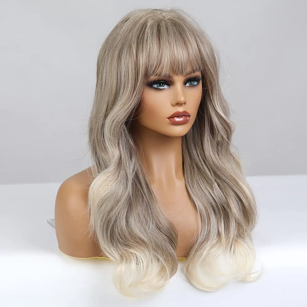 Long Ombre Brown Blonde Wigs Ash Blodne Wig for Women Long Curly Wavy Mixed Blonde Wig With Bangs Silky Full Heat Resistant Synthetic Wigs with wig Cap (Blonde Mix Brown)