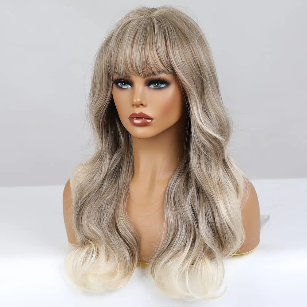 Long Ombre Brown Blonde Wigs Ash Blodne Wig for Women Long Curly Wavy Mixed Blonde Wig With Bangs Silky Full Heat Resistant Synthetic Wigs with wig Cap (Blonde Mix Brown)