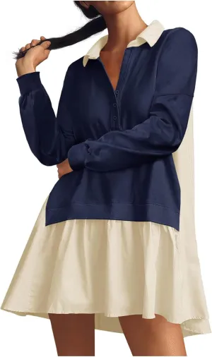Long Sleeve Dresses for Women 2024 Sexy V Neck Solid Ruffle Mini Dress Causal Pleated Pullover Mini Dress Fall Outfit