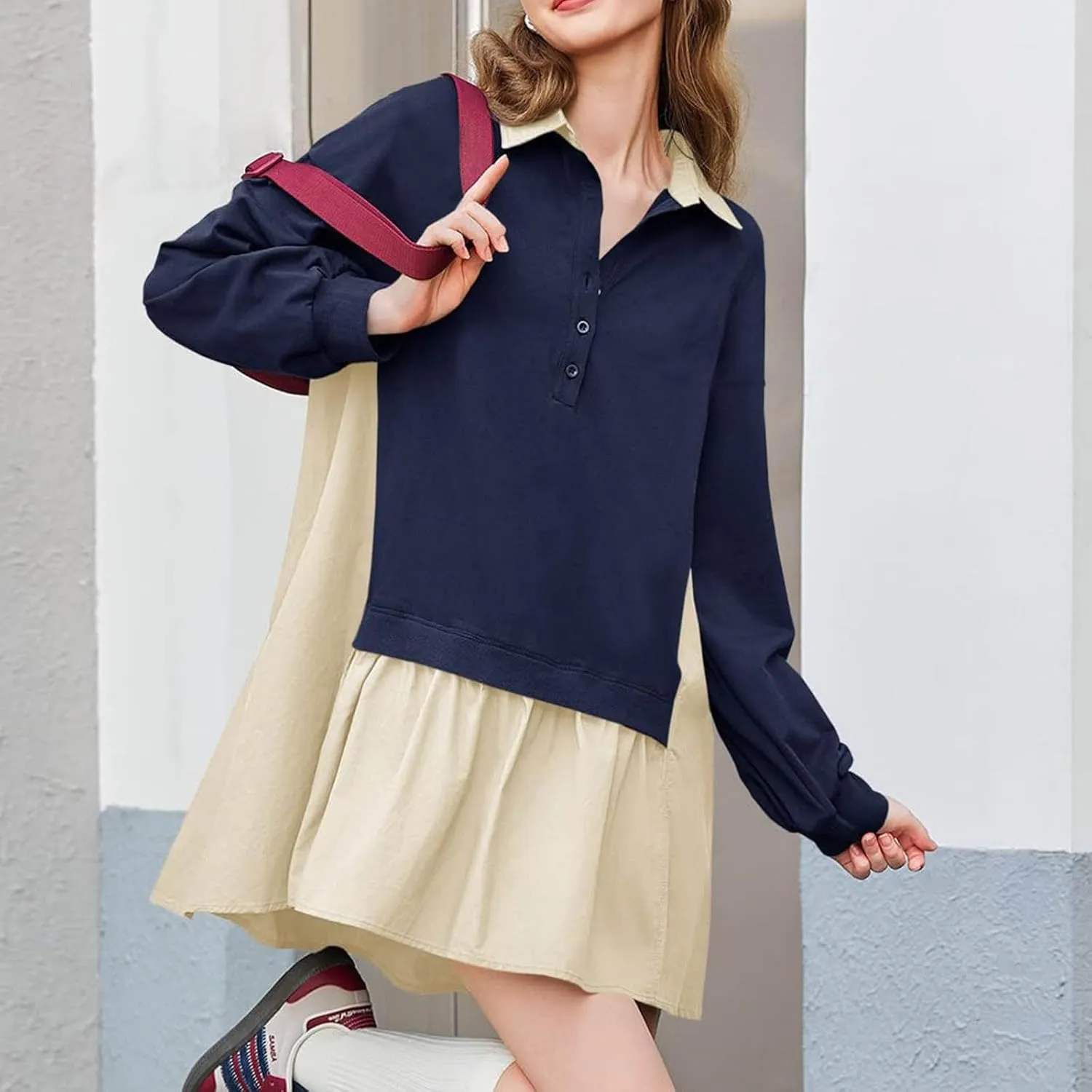 Long Sleeve Dresses for Women 2024 Sexy V Neck Solid Ruffle Mini Dress Causal Pleated Pullover Mini Dress Fall Outfit
