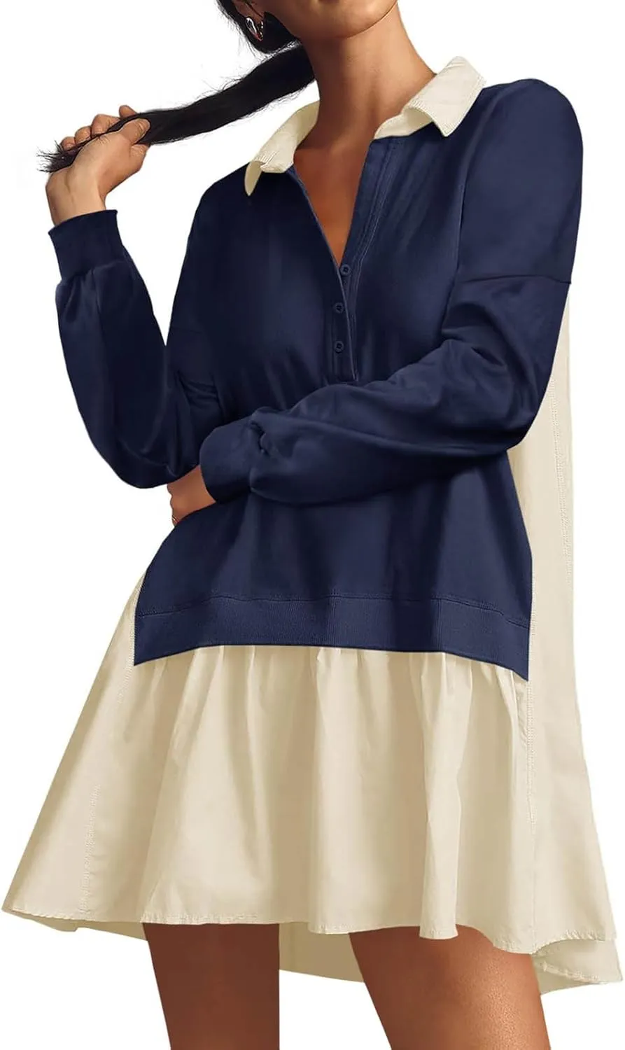Long Sleeve Dresses for Women 2024 Sexy V Neck Solid Ruffle Mini Dress Causal Pleated Pullover Mini Dress Fall Outfit