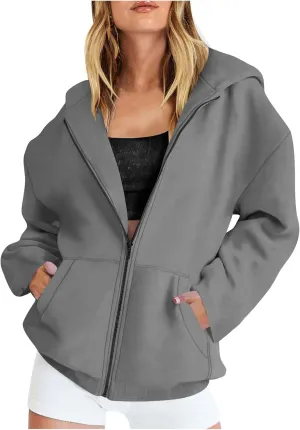 Long Sleeve Hooded Sweatshirt Coat Women Oversize Casual Jacket Zip Up Hoodies Cardigan Loose Outwear Fall Shirt