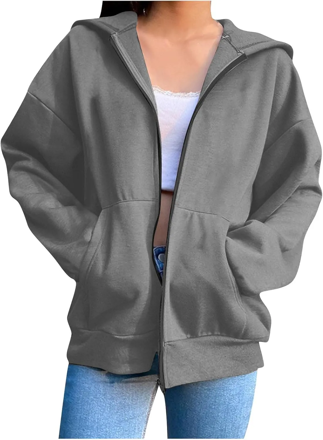 Long Sleeve Hooded Sweatshirt Coat Women Oversize Casual Jacket Zip Up Hoodies Cardigan Loose Outwear Fall Shirt