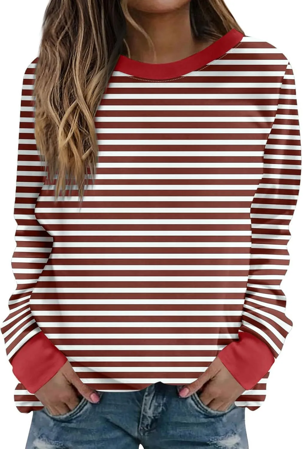 Long Sleeve T Shirts for Women Crewneck Causal Striped Blouse Tops Fall Fashion Vacation Pullover Ladies Clothes 2024