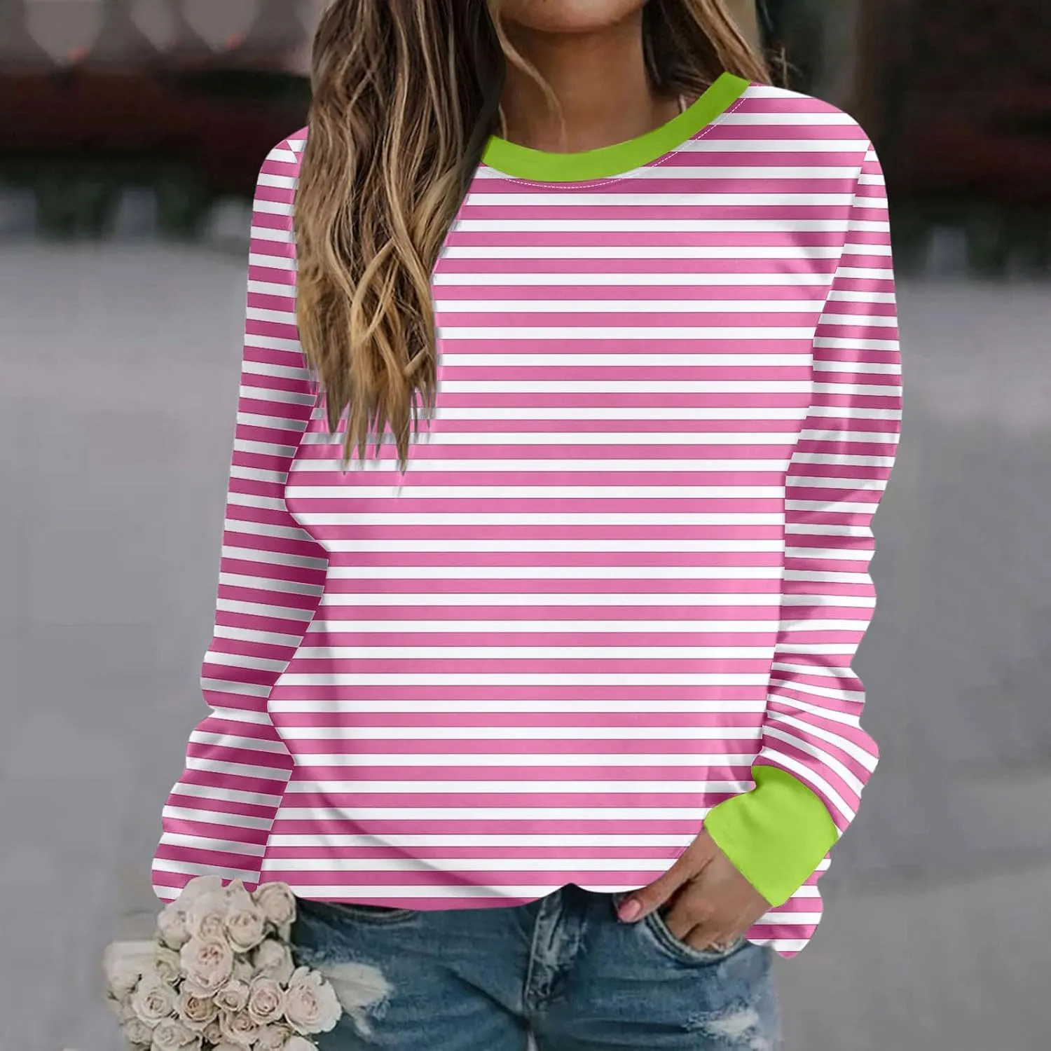 Long Sleeve T Shirts for Women Crewneck Causal Striped Blouse Tops Fall Fashion Vacation Pullover Ladies Clothes 2024