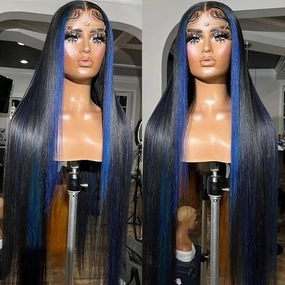 Long Black And Blue Straight Lace Front Wigs Glueless Lace Wigs Synthetic Heat Resistant Fiber Hair Wig Natural Black And Blue Color Straight Wig For Women 26 Inch
