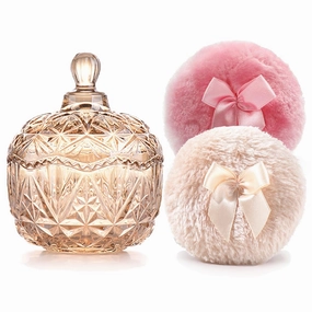 Luxury 4 Inch Glass Loose Powder Container with 2 Soft 3.5" Puffs｜Non-Sealed Refillable Organizer Storage for Body Powder Makeup & Jewelry & Setting Applicator(Crown-Amber)