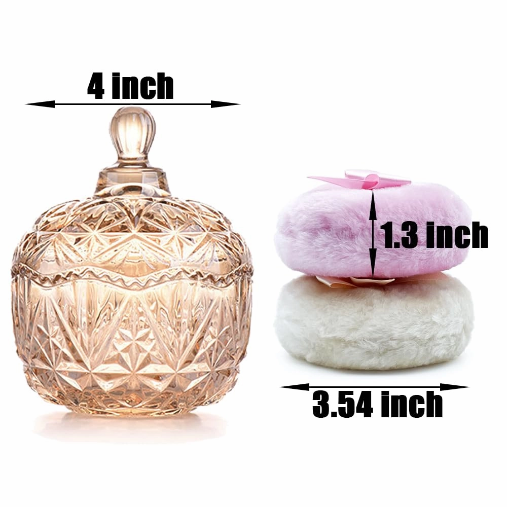 Luxury 4 Inch Glass Loose Powder Container with 2 Soft 3.5" Puffs｜Non-Sealed Refillable Organizer Storage for Body Powder Makeup & Jewelry & Setting Applicator(Crown-Amber)