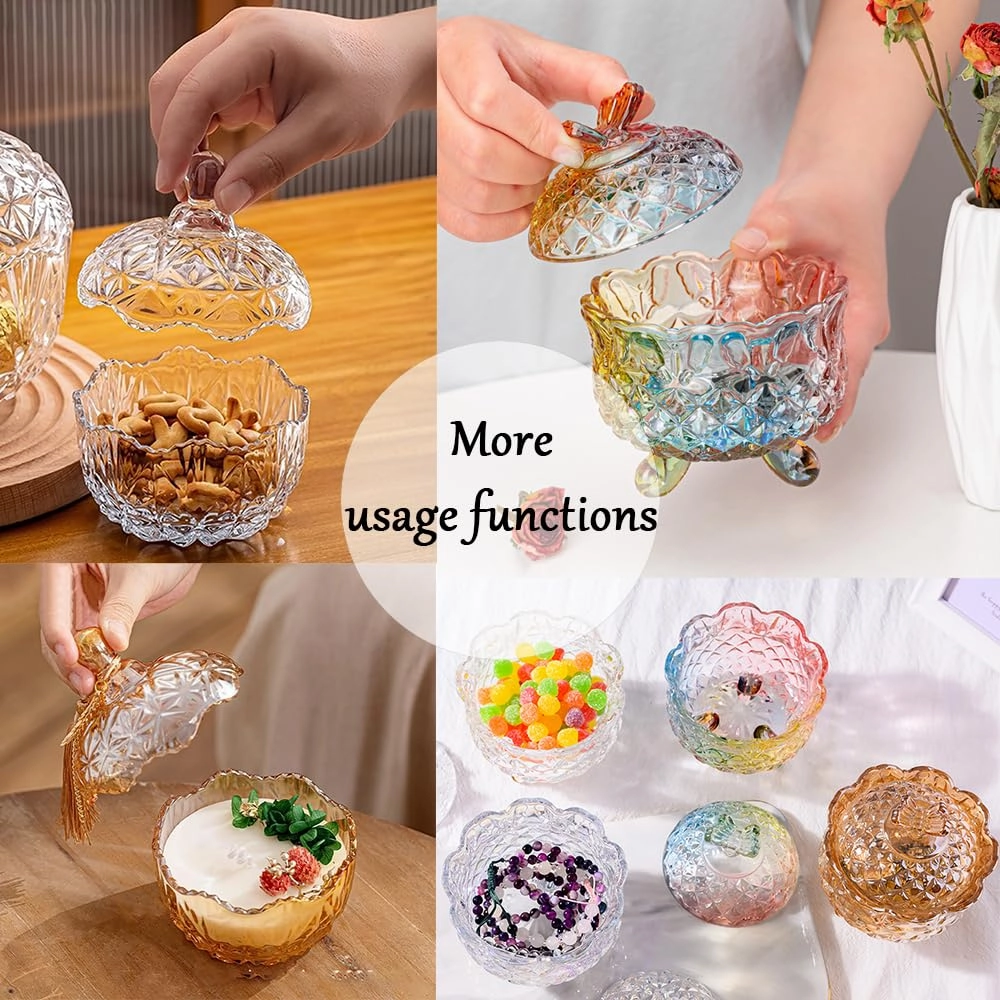 Luxury 4 Inch Glass Loose Powder Container with 2 Soft 3.5" Puffs｜Non-Sealed Refillable Organizer Storage for Body Powder Makeup & Jewelry & Setting Applicator(Crown-Amber)
