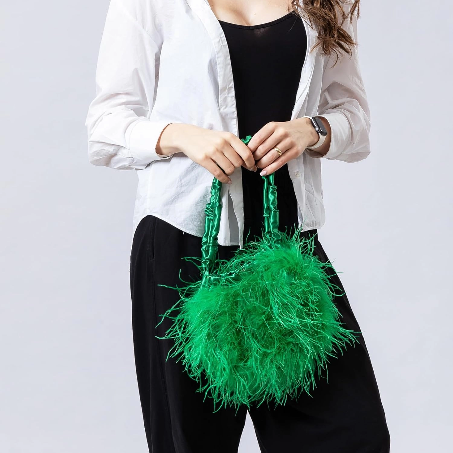 LVCOMEFF Women Ostrich Feather Purse Handbag Holiday Y2K Hobos Shoulder Bag with Pleated Strap for Party Prom