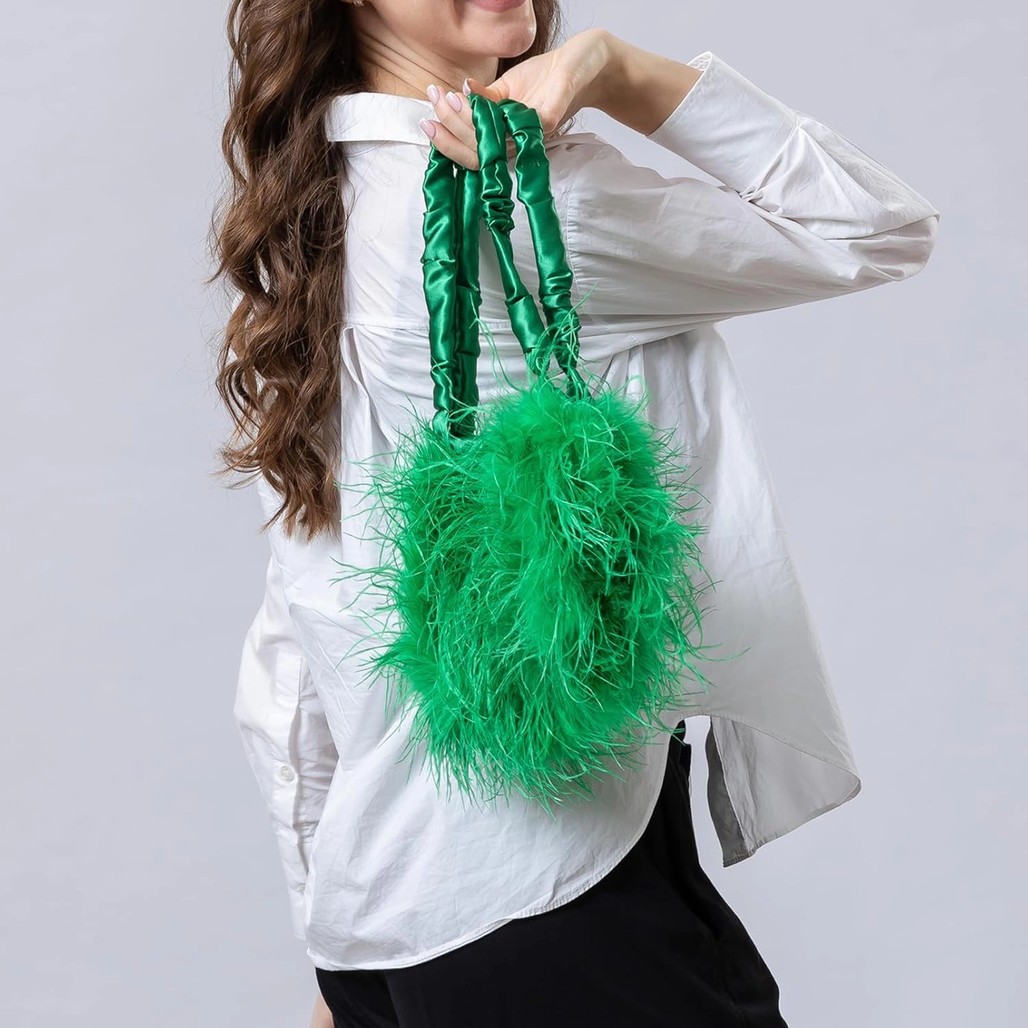 LVCOMEFF Women Ostrich Feather Purse Handbag Holiday Y2K Hobos Shoulder Bag with Pleated Strap for Party Prom