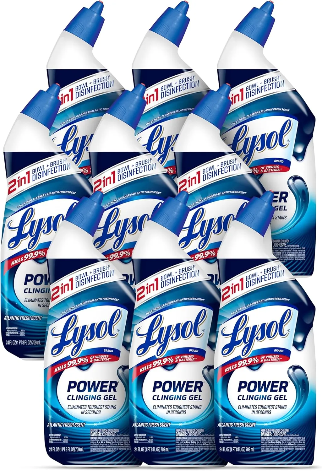 Lysol Toilet Bowl Cleaner, Max Strength Bathroom Cleaning Supplies, Toilet Bowl Cleaner Clinging Gel, Home Essential, Instant Stain Removal, Disinfecting and Deodorizing, Bleach Free, 24 oz (9 ct)