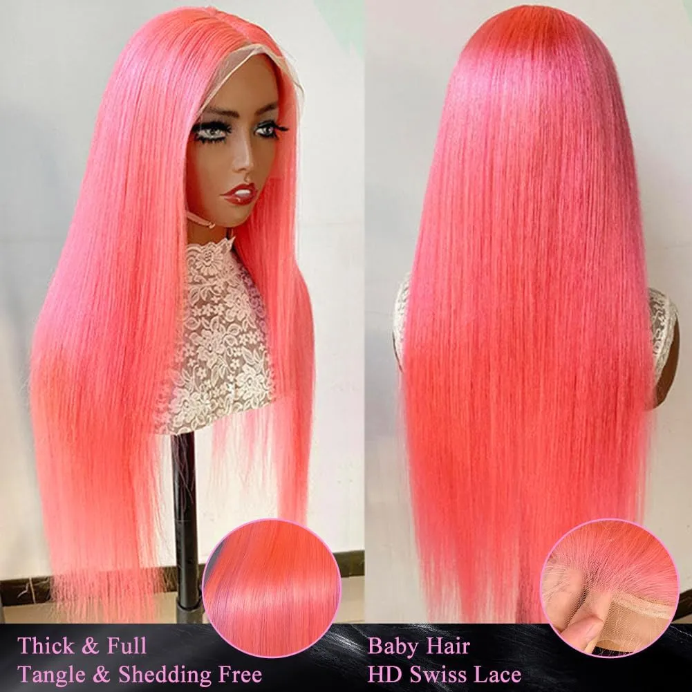 LZGYE Pink Lace Front Wig Human Hair 13x4 Hd Lace Pink Straight Wigs Human Hair Transparent Lace With Baby Hair Colored Closure Human Hair Wigs for Women 150% Density 20inch