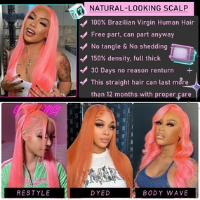 LZGYE 24inch Pink Lace Front Wig Human Hair 13x4 Colored Straight Wigs For Women Glueless Pink Human Hair Wig With Baby Hair Pre Plucked 150% Density