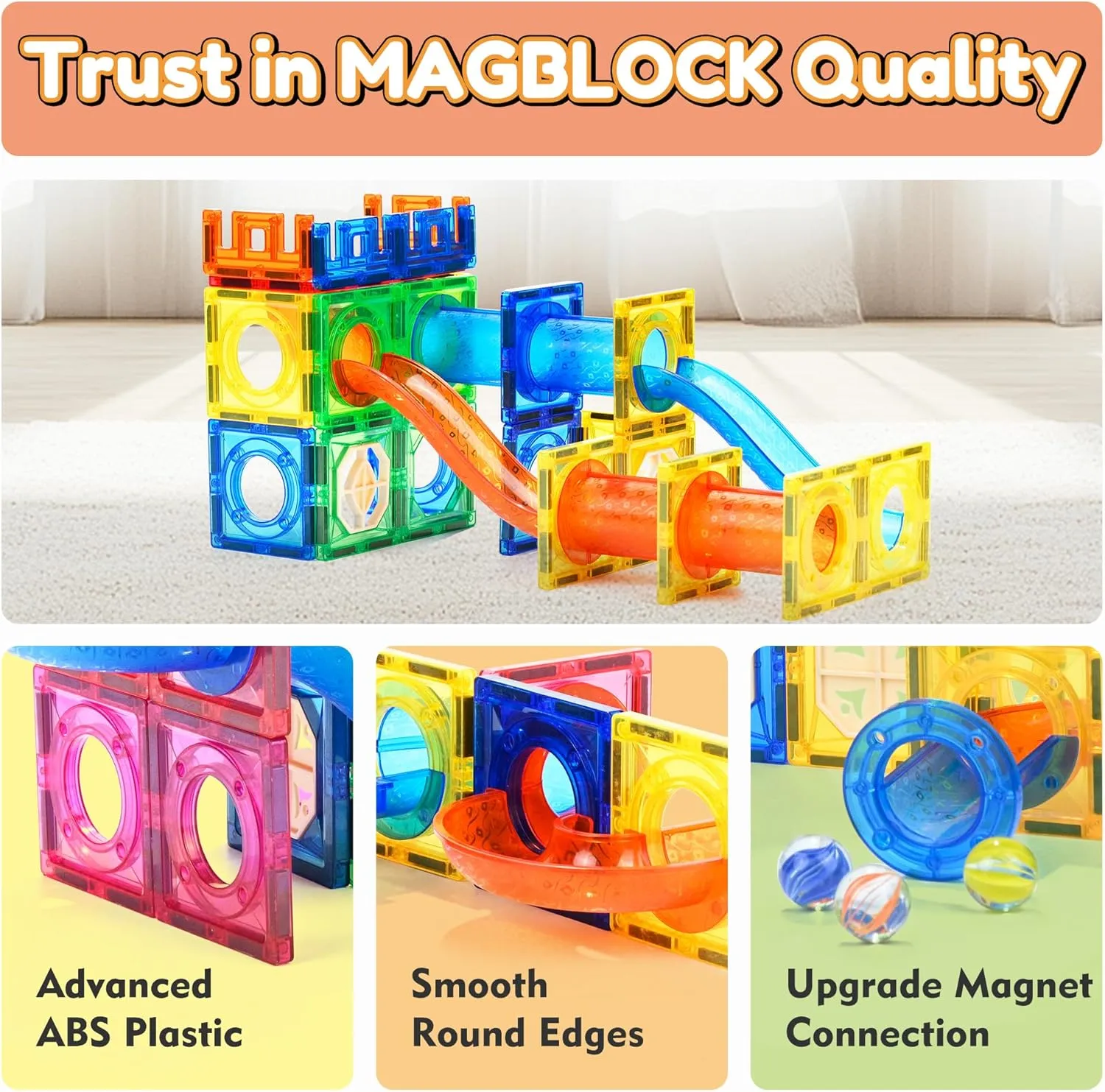 MAGBLOCK 85Pcs Marble Run Magnetic Tiles Toy Building Blocks STEM Educational Child Brain Development Kit Magnet Construction Toys for Boys Girls Kids Age 5 6 7  Years Old