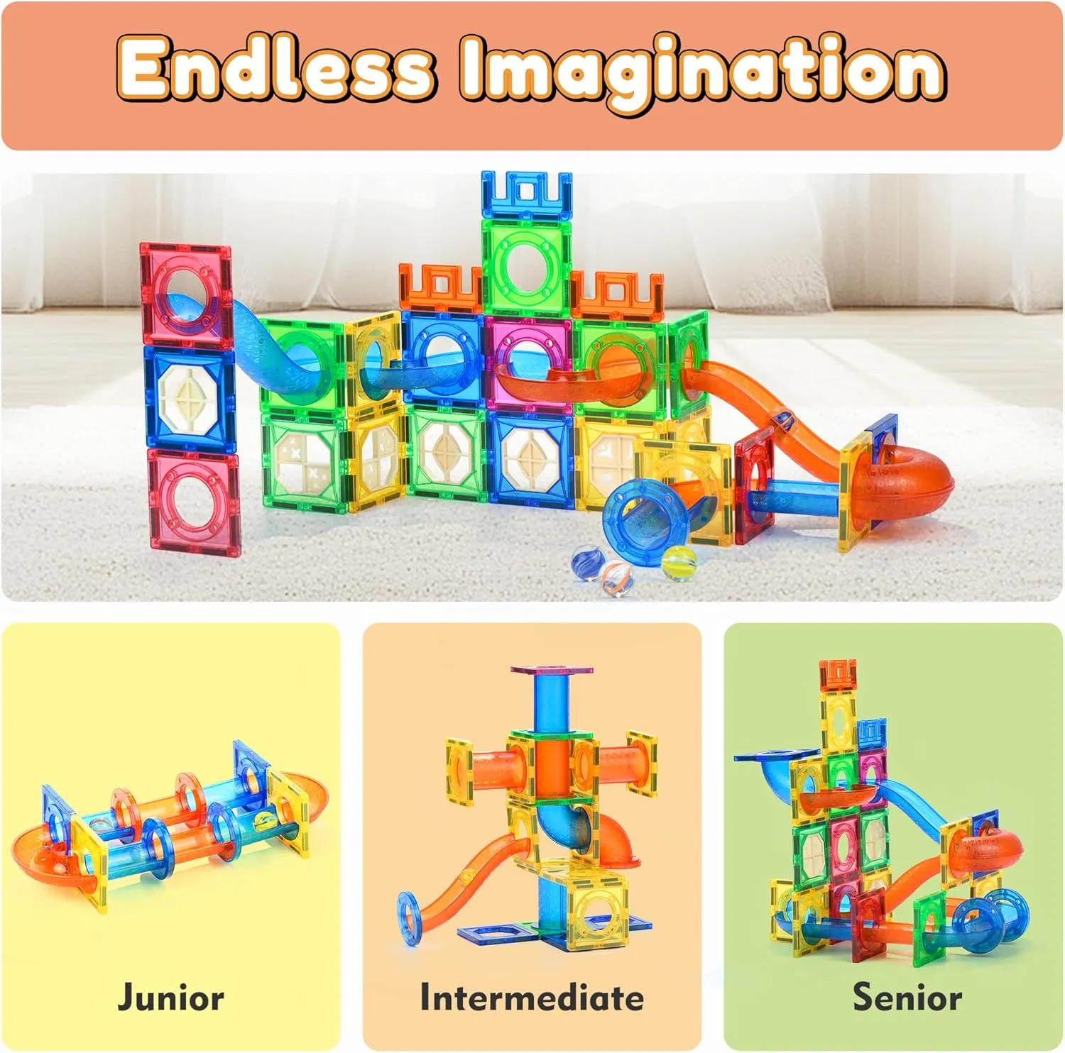 MAGBLOCK 85Pcs Marble Run Magnetic Tiles Toy Building Blocks STEM Educational Child Brain Development Kit Magnet Construction Toys for Boys Girls Kids Age 5 6 7  Years Old