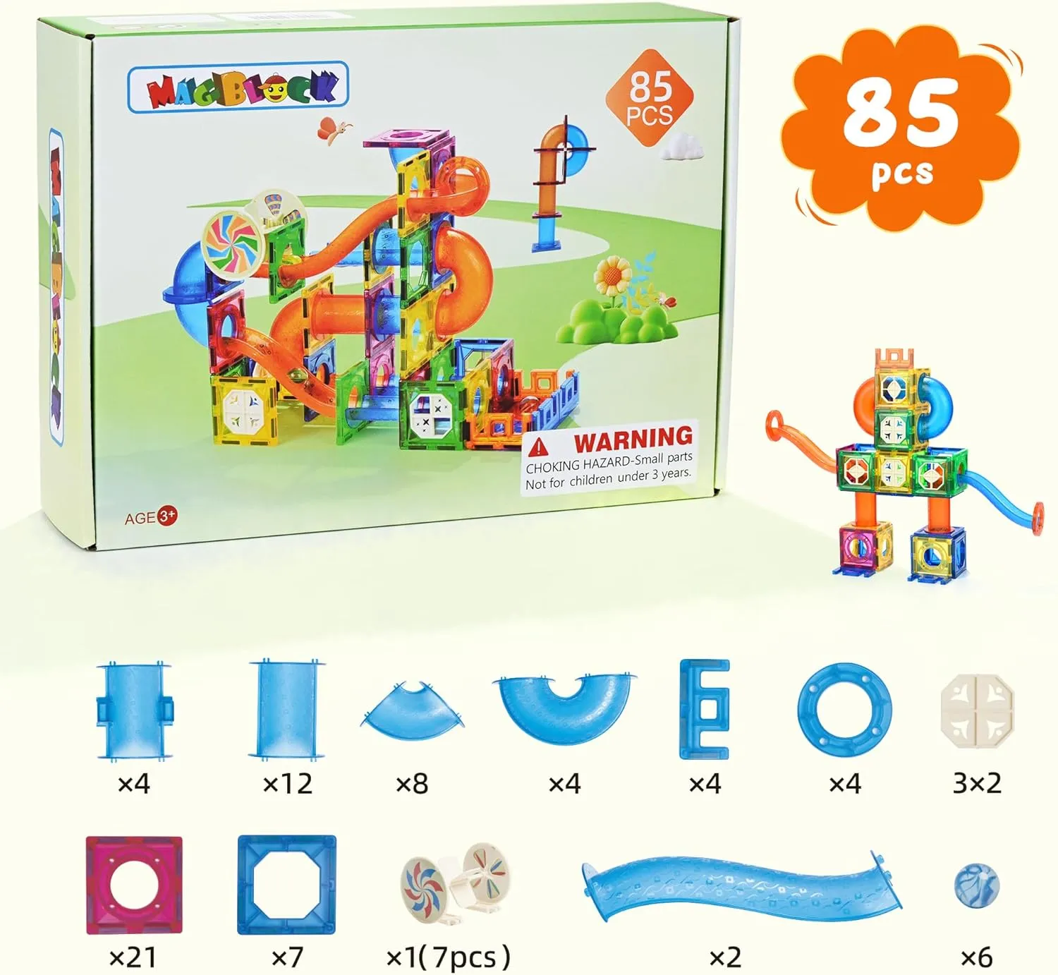 MAGBLOCK 85Pcs Marble Run Magnetic Tiles Toy Building Blocks STEM Educational Child Brain Development Kit Magnet Construction Toys for Boys Girls Kids Age 5 6 7  Years Old