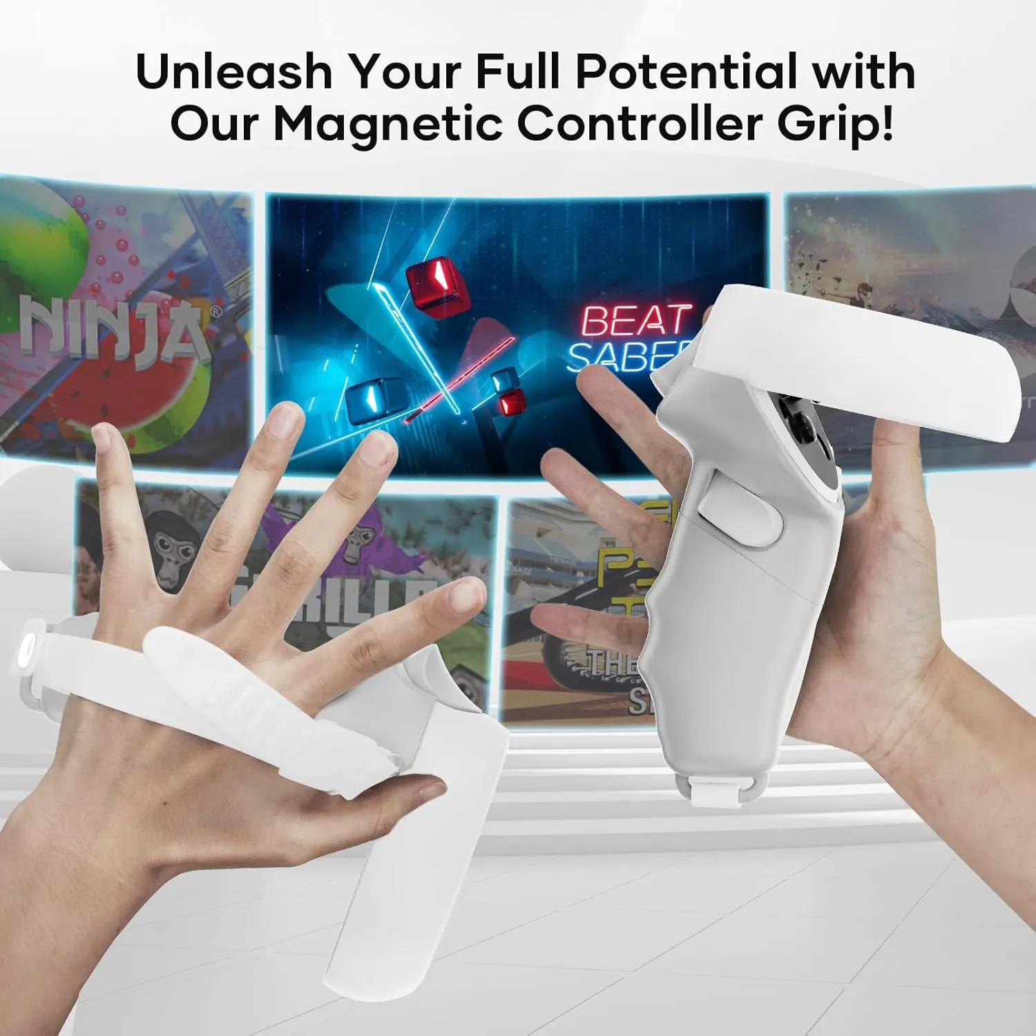 Magnetic Controller Grips for Meta Quest 2 | Ergonomic Design | Quick Installation | Compatible with Charging Dock | Extended Length | Silicone Wrist Strap (Gray, Quest 2)