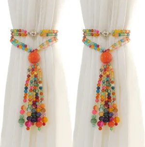Magnetic Curtain Tiebacks, 2 Pack Colorful Agate Tassel Curtain Drapery Holdbacks, Boho Curtain Ties for Home Office Decorative