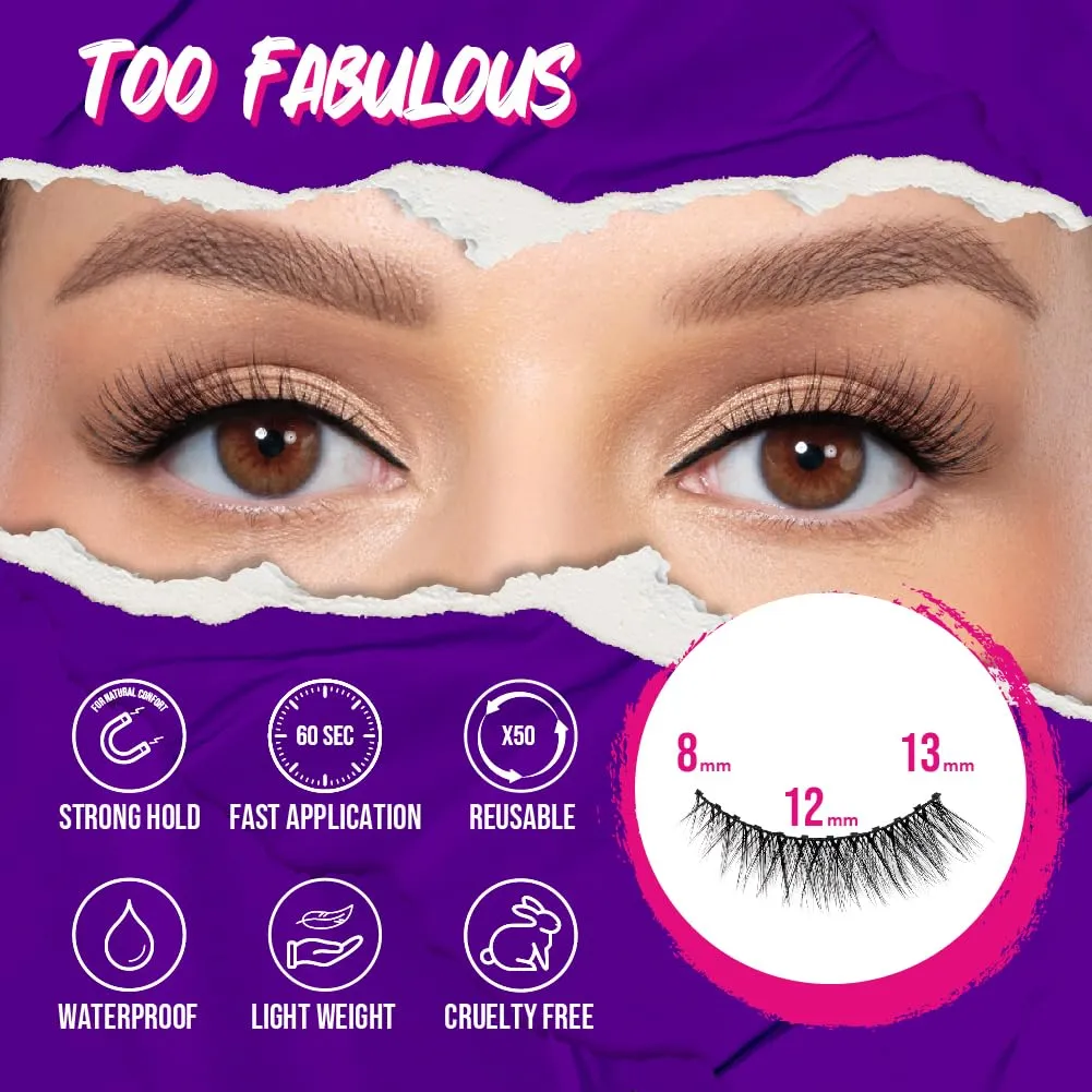 Magnetic Eyelashes with 12 Magnets – Premium Faux Mink Lashes | Reusable 50x | Universal Fit | Vegan & Cruelty-Free | Natural Look – 1 Pair (Too Fabulous)