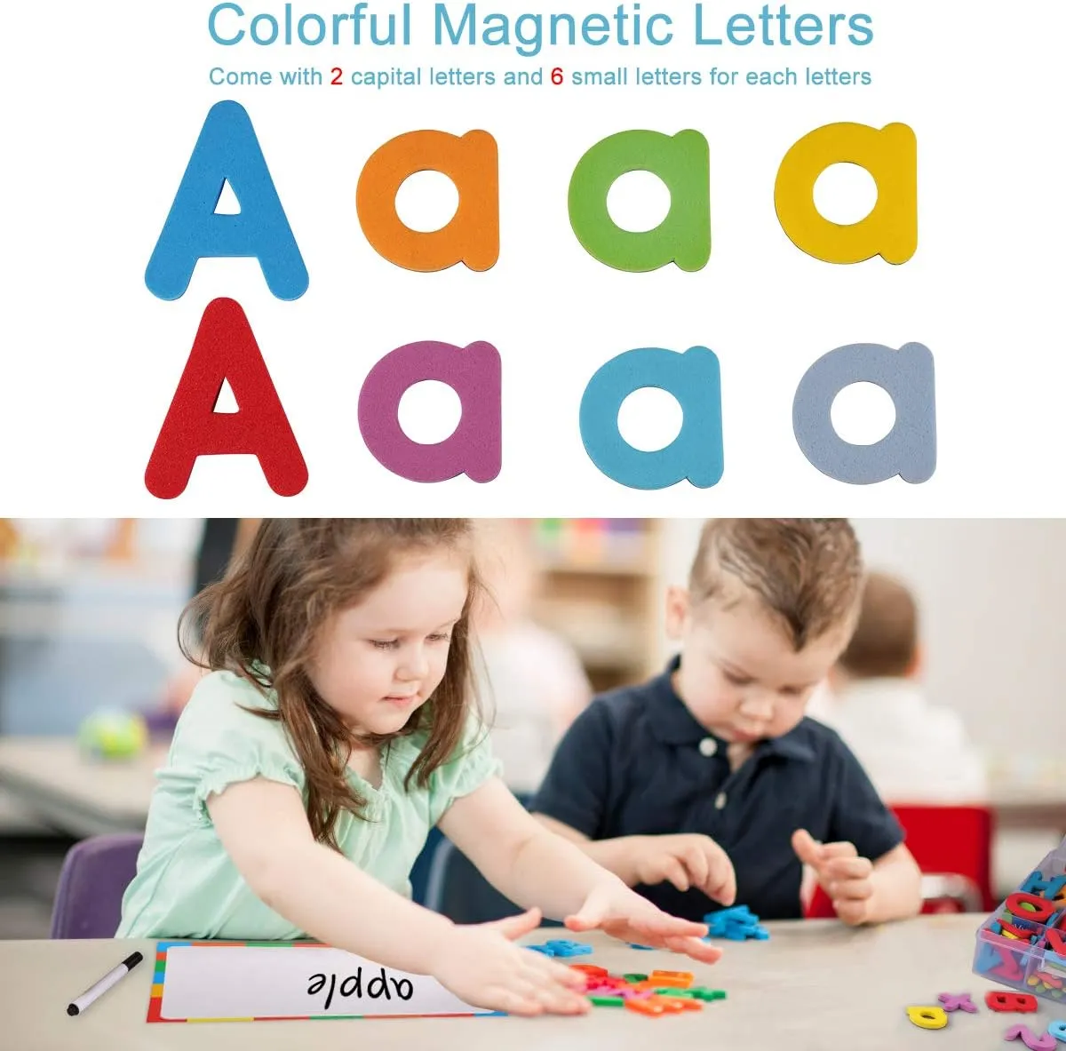 Magnetic Letters Kit, A-Z Foam Magnetic Letters, Alphabet Letters with Large Double-Side Magnet Board and Learning Cards, Educational Refrigerator Magnets for Preschool Learning Spelling (Colorful)