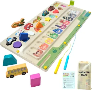 Magnetic Maze 3in1 with 2 Pencils Montessori Toys Counting Board Game Color Classification Numbers, Shape Vehicle Sensory Toys for 3 Year Children, Birthday Gift Bag Keeps Game Instructions