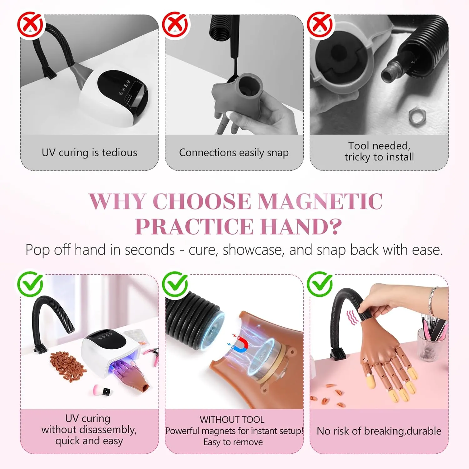 Magnetic Practice Hand for Acrylic Nails: Flexible Fake Hand Manicure Training Hand with Strengthen Nail Tips - Mannequin Hand with 100PCS Replacement Tips