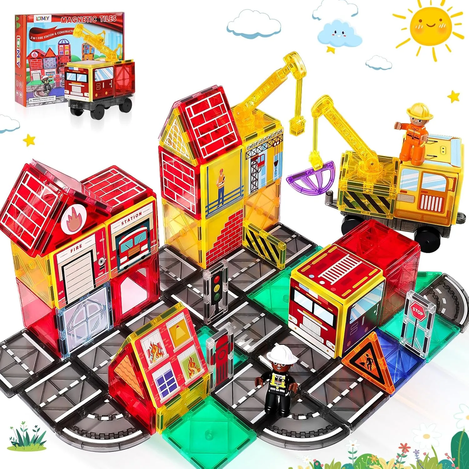 Magnetic Tiles Road Set with 2 Cranes & Double-Sided Magnet Tiles,Boys Toys for Ages 3-5 5-7 8-12,STEM Magnetic Building Construction Toys Include Car,Stations,Dolls,Roads,Signs,Gifts for 3  Kids