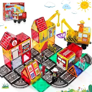 Magnetic Tiles Road Set with 2 Cranes & Double-Sided Magnet Tiles,Boys Toys for Ages 3-5 5-7 8-12,STEM Magnetic Building Construction Toys Include Car,Stations,Dolls,Roads,Signs,Gifts for 3  Kids