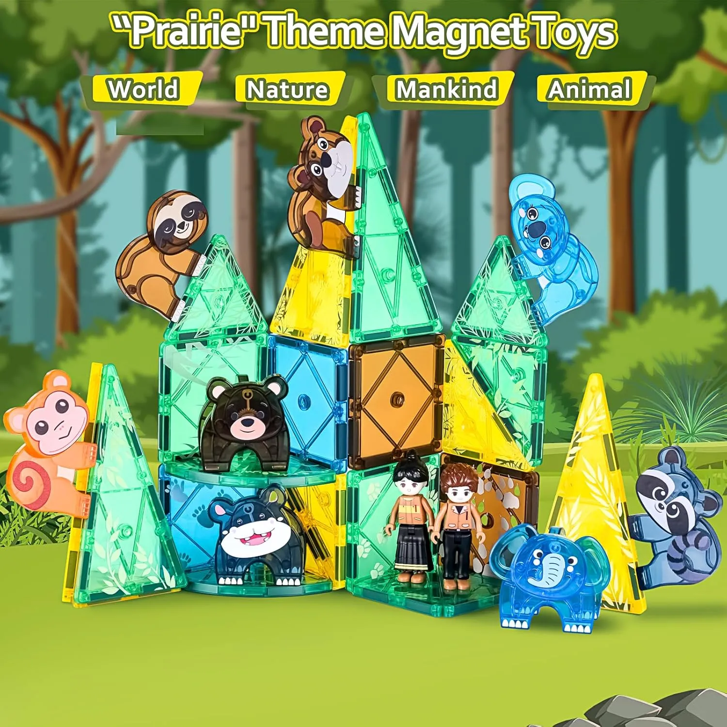 Magnetic Tiles Set, Magnet Blocks Building Toys, Safari Animals Magnetictile for Toddler 3-5, Assembly 3D Structure Jungle & Forest Theme, STEM Learning Toy for Kids Girls,Boys Age 3 4 5 6 7