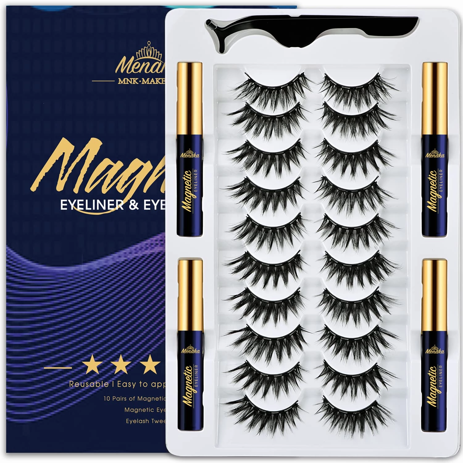 Magnetic Eyelashes Magnetic Lashes Natural Looking,10 Pairs Reusable Magnetic Eyelash kit with Applicator - Upgraded Long Lasting (4 Tube of Liner) Easy to Apply.