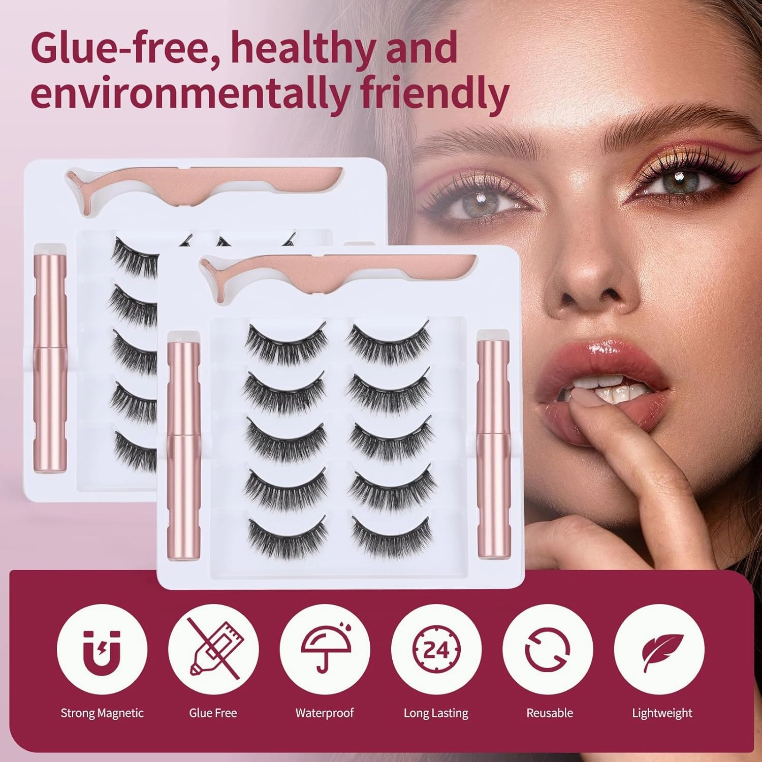 Magnetic eyelashes with eyeliner (5 pairs), is simple and convenient to wear, can be reused, glue-free, and can be used longer with 2 eyeliners (Naturally long style)