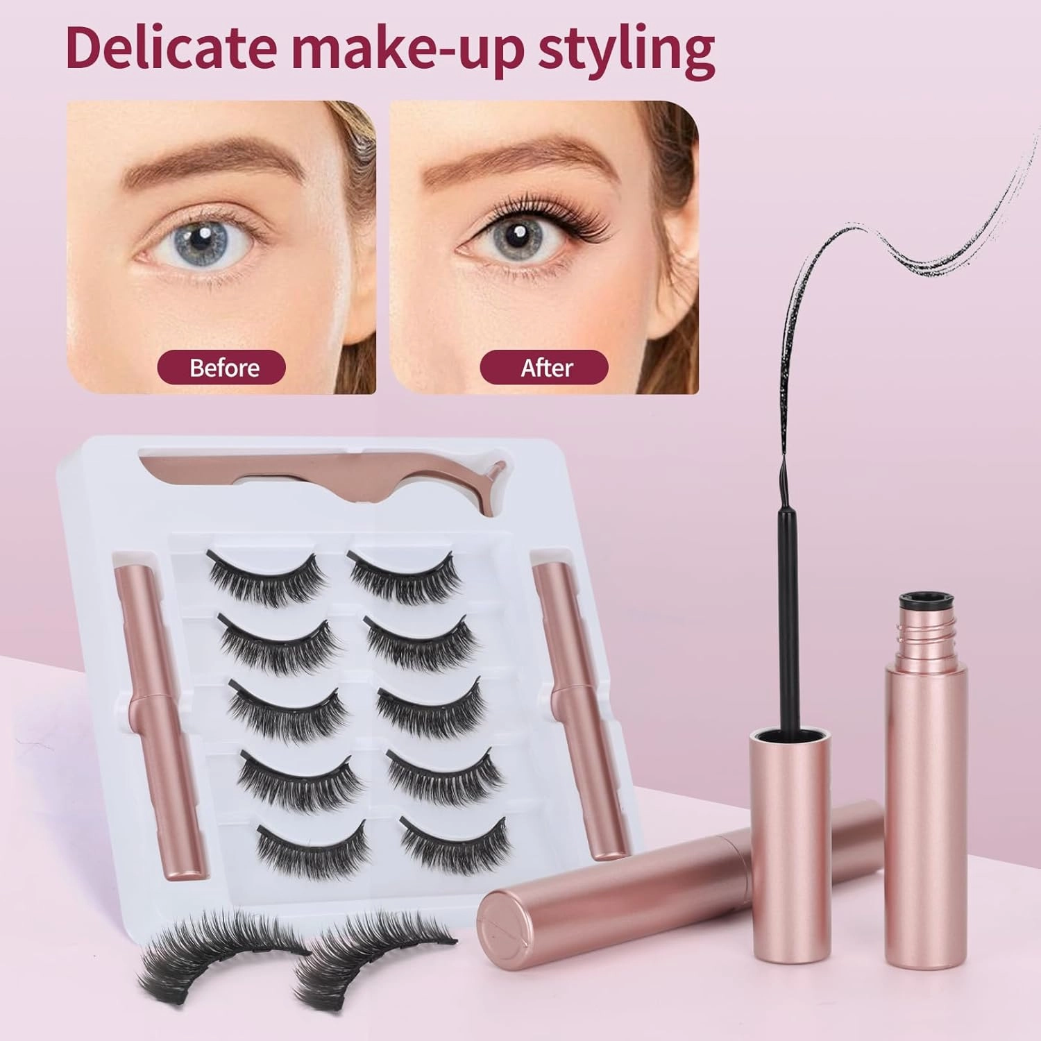 Magnetic eyelashes with eyeliner (5 pairs), is simple and convenient to wear, can be reused, glue-free, and can be used longer with 2 eyeliners (Naturally long style)