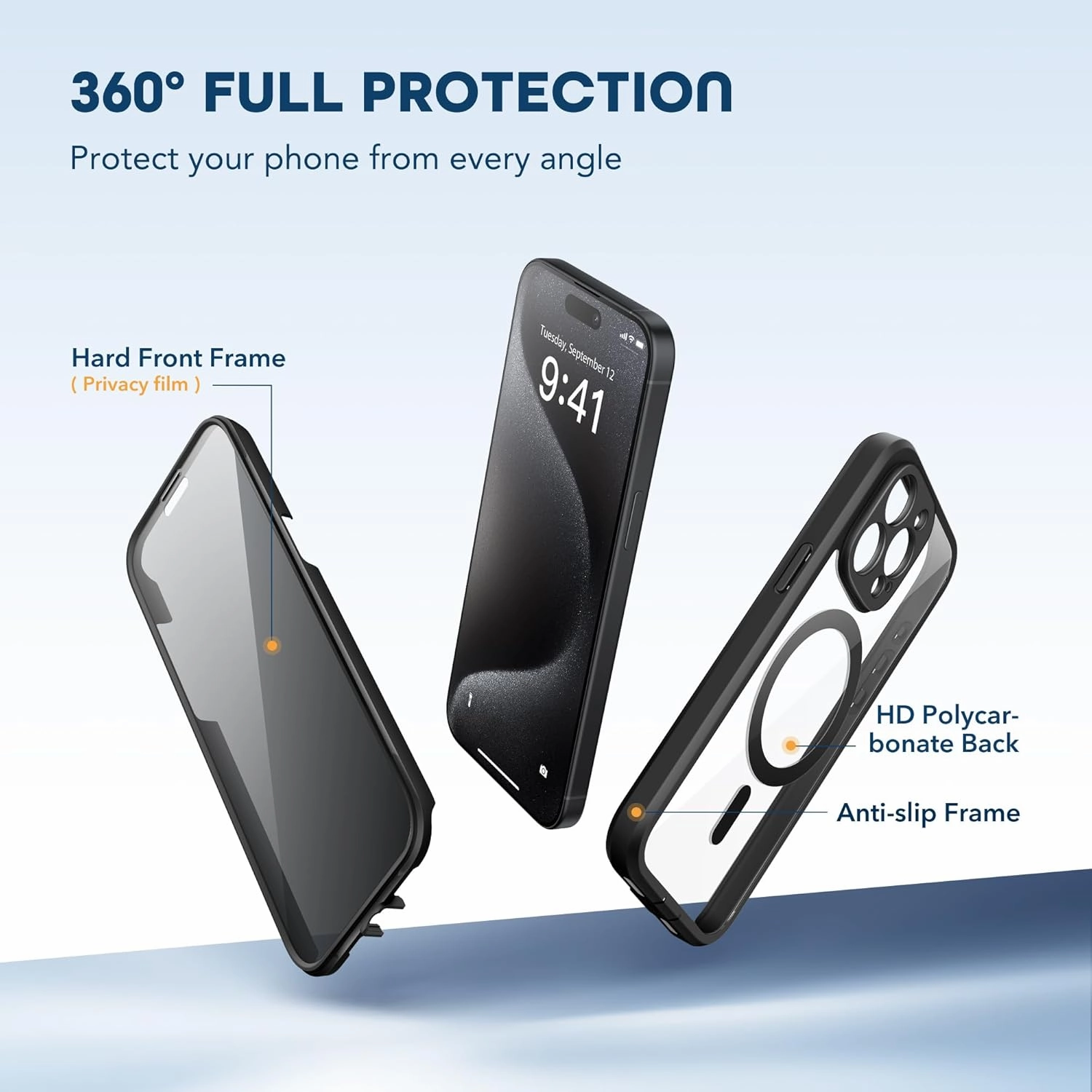 Magnetic for iPhone 15 Pro Max Case, Compatible with MagSafe, Built-in Privacy Screen Protector and Camera Protection, Anti Spy Full Body Dustproof Shockproof Hard Phone Case 6.7", Black