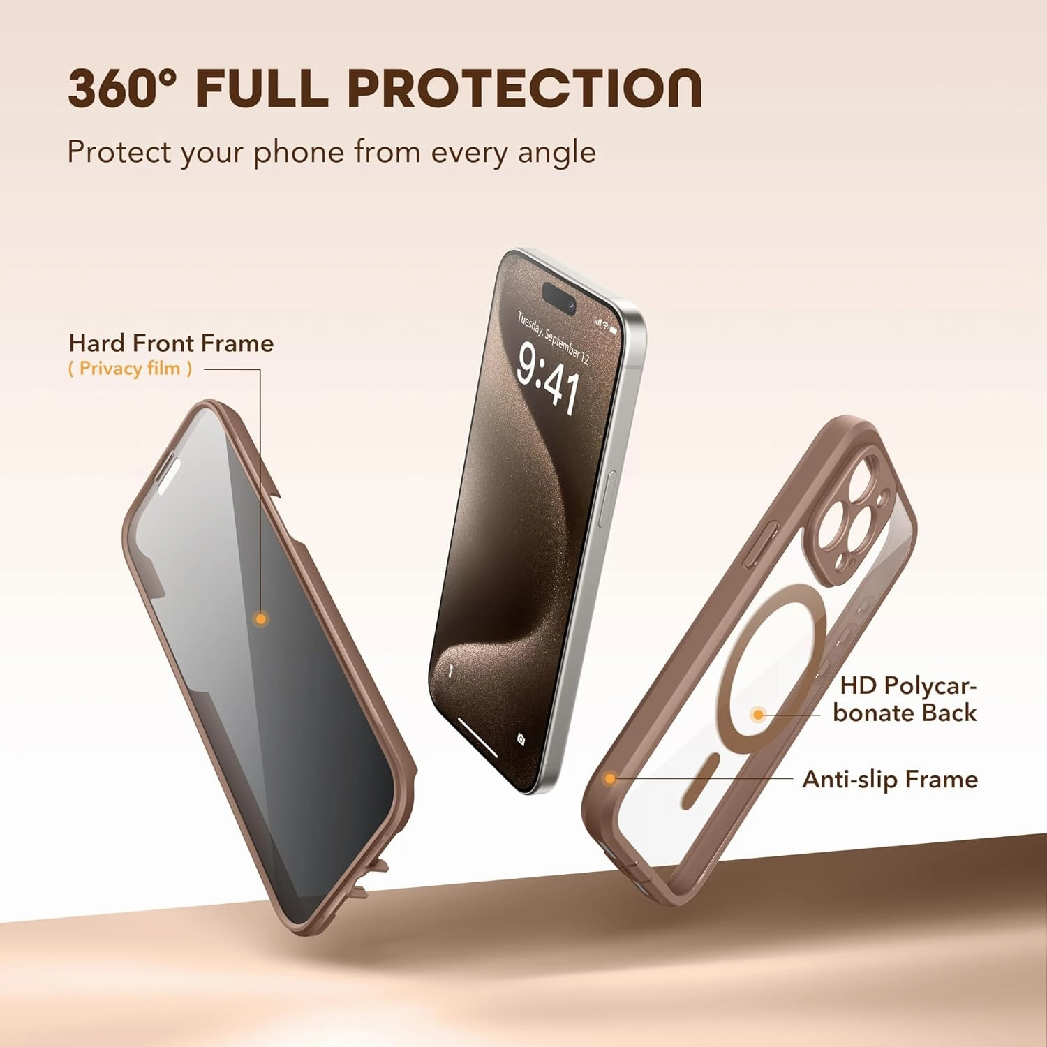 Magnetic for iPhone 15 Pro Max Case, Compatible with MagSafe, Built-in Privacy Screen Protector and Camera Protection, Anti Spy Full Body Dustproof Shockproof Hard Phone Case 6.7", Brown