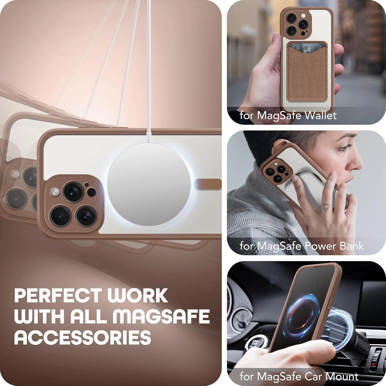 Magnetic for iPhone 15 Pro Max Case, Compatible with MagSafe, Built-in Privacy Screen Protector and Camera Protection, Anti Spy Full Body Dustproof Shockproof Hard Phone Case 6.7", Brown
