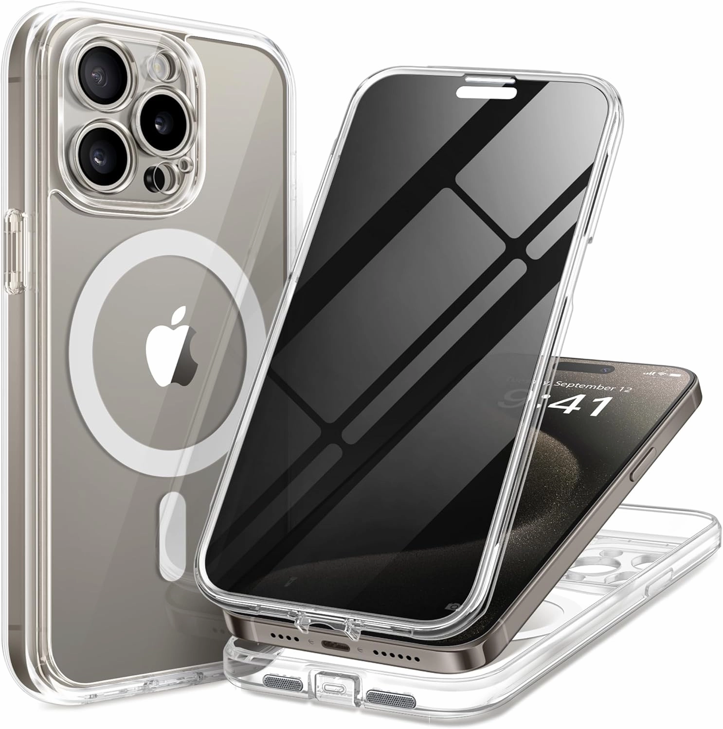 Magnetic for iPhone 15 Pro Max Case, Compatible with MagSafe, Built-in Privacy Screen Protector and Camera Protection, Anti Spy Full Body Dustproof Shockproof Hard Phone Case 6.7", Clear