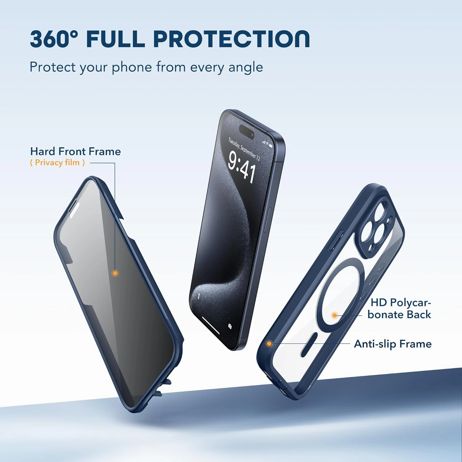 Magnetic for iPhone 15 Pro Max Case, Compatible with MagSafe, Built-in Privacy Screen Protector and Camera Protection, Anti Spy Full Body Dustproof Shockproof Hard Phone Case 6.7", Dark Blue