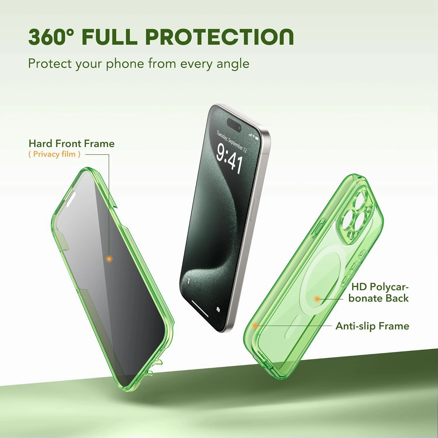 Magnetic for iPhone 15 Pro Max Case, Compatible with MagSafe, Built-in Privacy Screen Protector and Camera Protection, Anti Spy Full Body Dustproof Shockproof Hard Phone Case 6.7",Bright Green