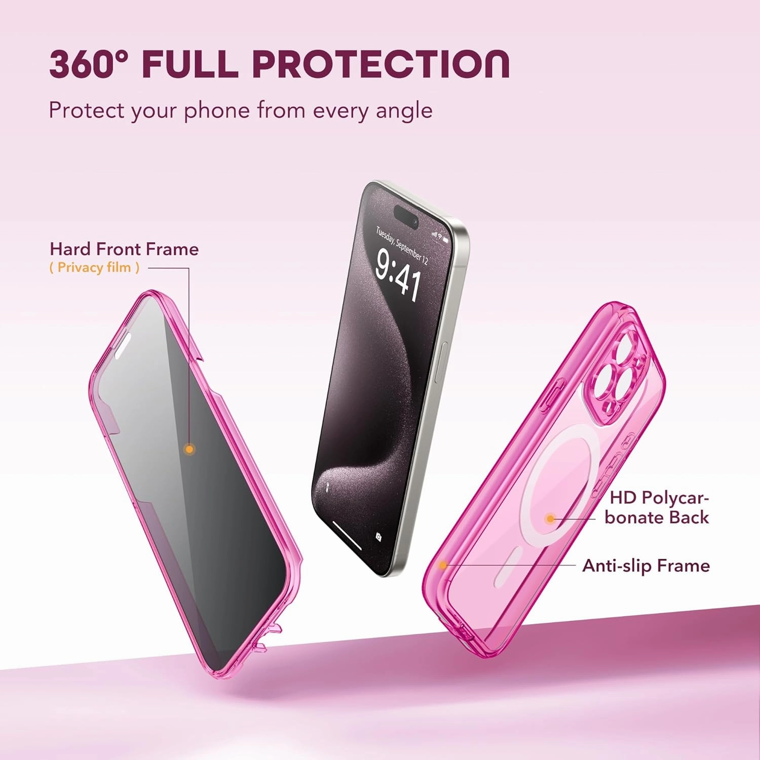 Magnetic for iPhone 15 Pro Max Case, Compatible with MagSafe, Built-in Privacy Screen Protector and Camera Protection, Anti Spy Full Body Dustproof Shockproof Hard Phone Case 6.7",Bright Pink