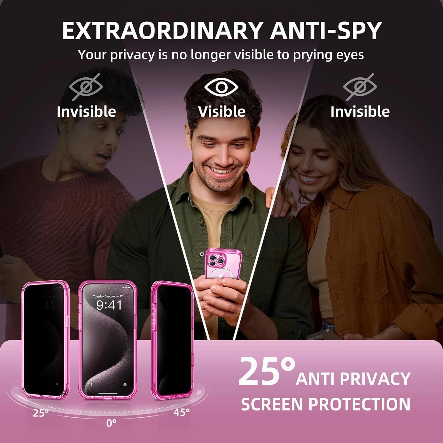 Magnetic for iPhone 15 Pro Max Case, Compatible with MagSafe, Built-in Privacy Screen Protector and Camera Protection, Anti Spy Full Body Dustproof Shockproof Hard Phone Case 6.7",Bright Pink
