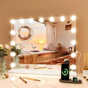 Makeup Mirror with Lights, Multifunctional Desktop Vanity Mirror with 15 Dimmable LED Lights and 3 Lighting Modes, 3x Magnification, Smart Touch Controls, Desktop or Wall Mount, Dressing Room/Bedroom