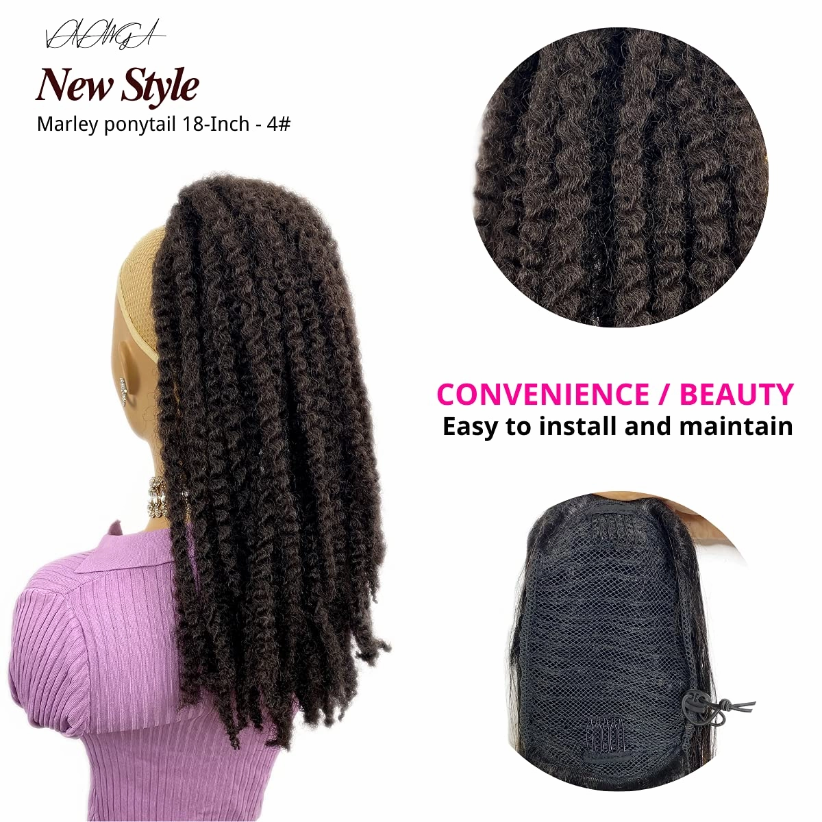 Marley Hair Ponytail Drawstring 18-inch Dark Brown Synthetic Braiding Hair Afro Kinky Ponytail for Black Women Quick Wrap Pony Jamaican Twist Hair Ponytail Extension(4#, 18”)