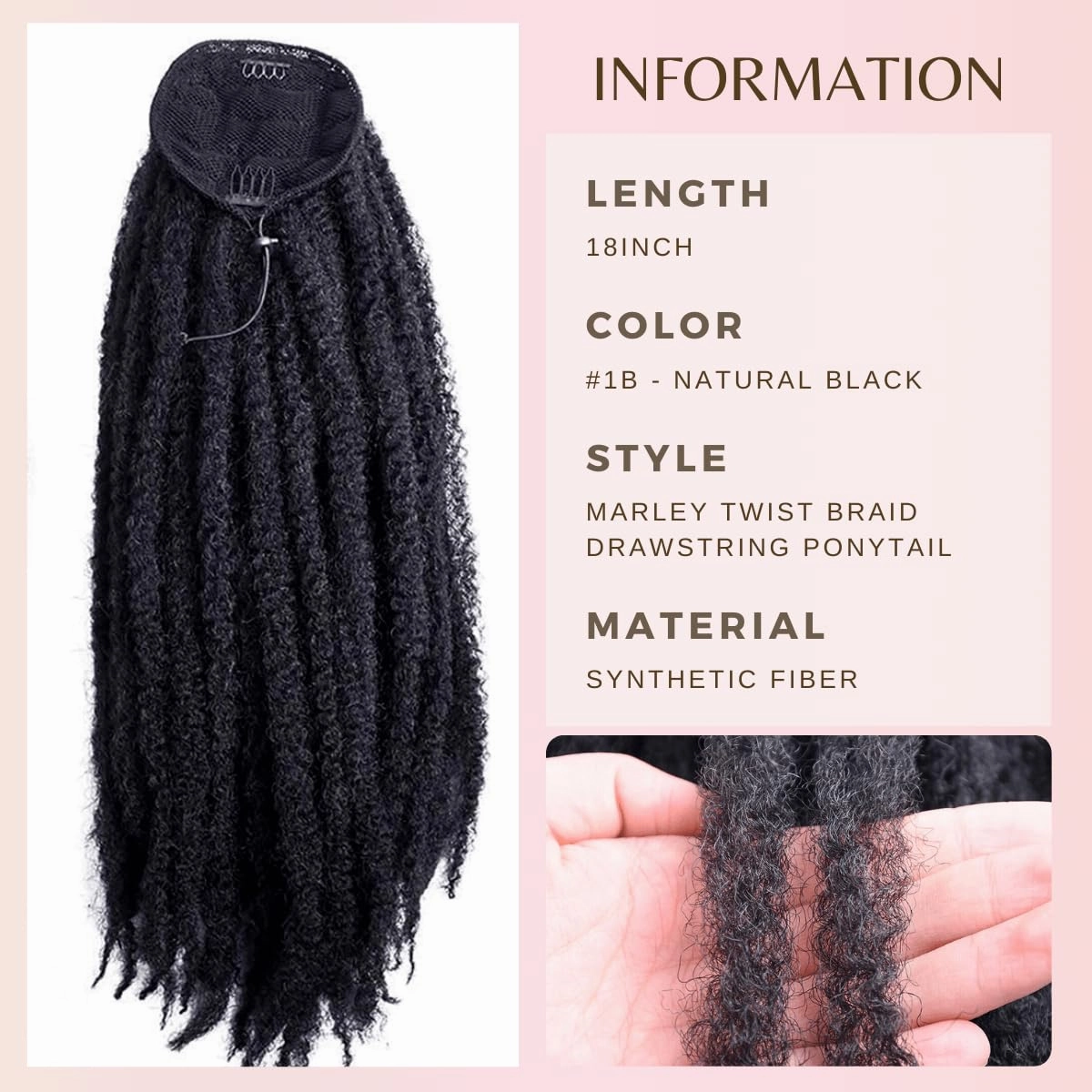 Marley Hair Ponytail Drawstring 18-inch Synthetic Braiding Hair Afro Kinky Ponytail for Black Women Quick Wrap Pony Jamaican Marley Twist Braid Drawstring Pony Tail Hair Piece(#1B, 18")