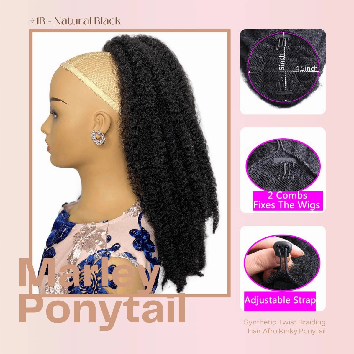 Marley Hair Ponytail Drawstring 18-inch Synthetic Braiding Hair Afro Kinky Ponytail for Black Women Quick Wrap Pony Jamaican Marley Twist Braid Drawstring Pony Tail Hair Piece(#1B, 18")