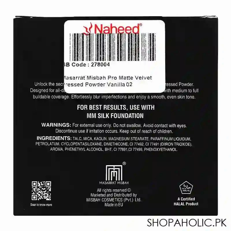 Masarrat Misbah Pro Matte Velvet Pressed Powder, 14g, Vanilla 02