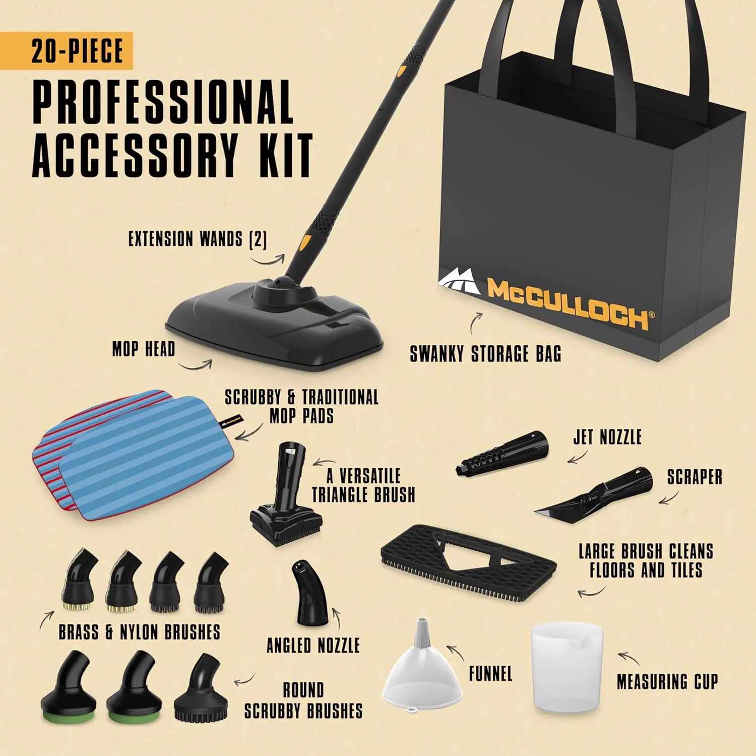 McCulloch Canister Steam Cleaner MC1375, 90 Minute Runtime, 20 Accessories: Jet Nozzle, Brushes, & More - Built for Home, Tile, Grout, Carpet, Furniture, Car Detailing, & Commercial Deep Cleaning